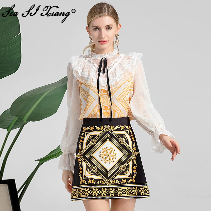 

Seasixiang Designer Autumn Suit Women Stand Collar Flare Sleeve Pullover Tops + Beading Skirt Indie Folk Print Two Piece Set