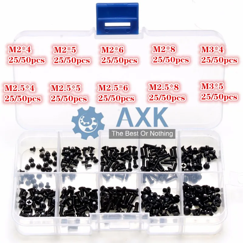 AXK 250 шт./500 шт. M2 M2.5 M3 км винты с плоской головкой Phillips Винты для ноутбука набор