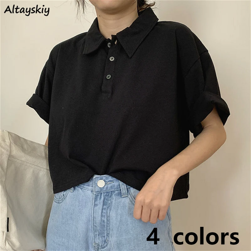 T-shirts Women Japanese Style Solid Cotton Summer All-match Preppy Girls Black Crop Top Chic Button Kawaii Street Ladies T Shirt | Женская