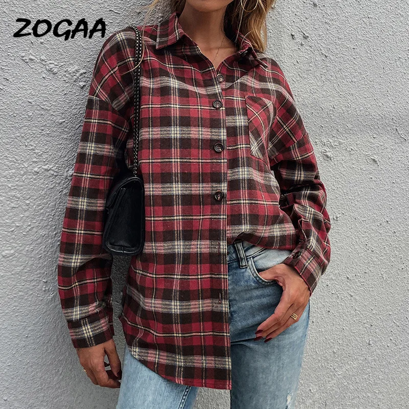 

ZOGAA Shirts Women New Autumn Spring Women's Red Plaid Single-breasted Long-sleeved Hot Sale Turn-down Collar All-match Female