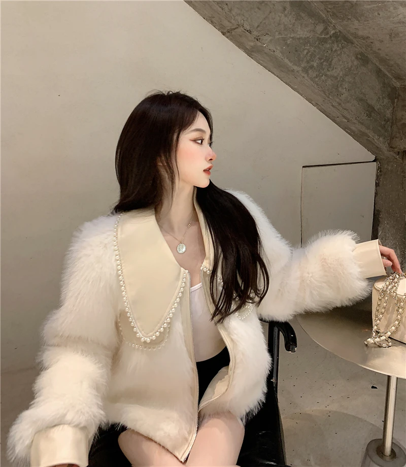 

Han edition temperament pearl collar imitation fox fur firm offers will brief paragraph long sleeved little sweet wind fur coat