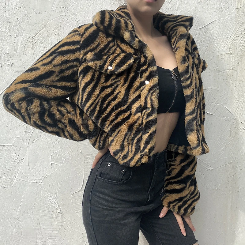 Женская Шуба из искусственного меха с принтом зебры пушистая укороченная куртка