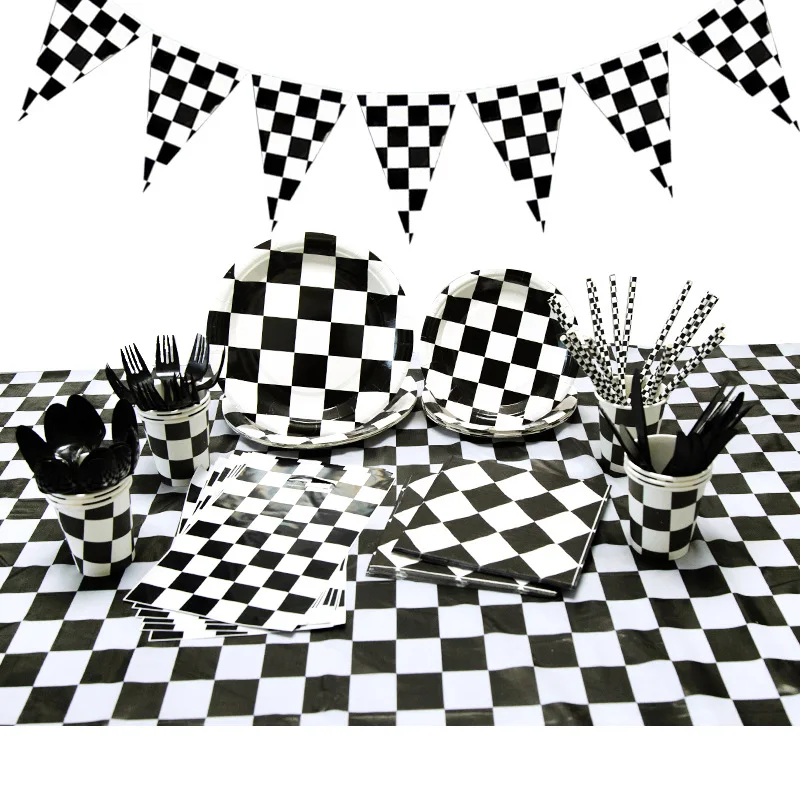 

Black White Racing Party Disposable Paper Plates Cups Napkins Checkered Race Car Party Tableware Set Kids Birthday Party Decor