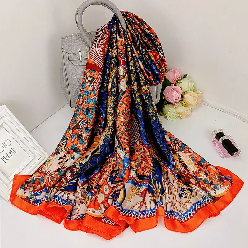 

2021 Fashion Kerchief Summer Popular Beach Towel Female 180X90CM Silk Scarf New Sunscreen Bandana Luxury High-Grade Print Shawl