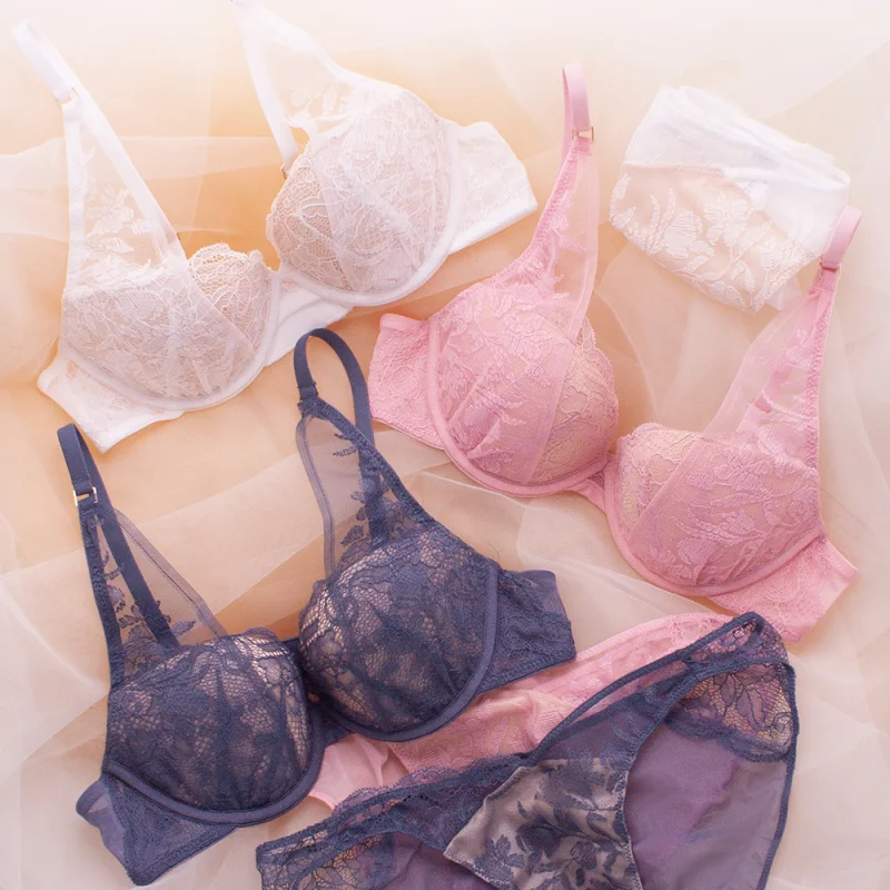 

French Super Push Up Bra Small Breasts Sexy Ultra Thin Fashion Floral Flower Bra And Panty Set Lace Underwear Women Bralette New