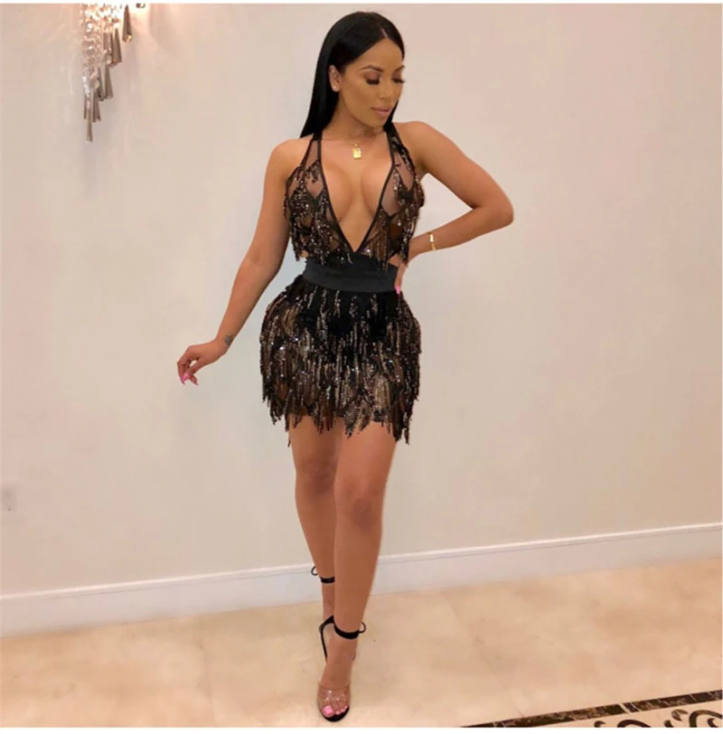 Colysmo Shiny Tassel Sequin Dress Women Sexy Deep V-neck Cross Lace Up Backless Short Exquisite Christmas Party Dresses | Женская одежда