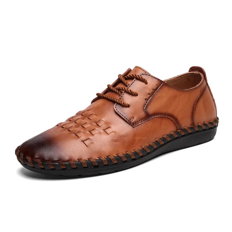 

Plus Size Leather Shoes 2021 New Spring Men's Cowhide Solid Color Weave Low-Top Casual Shoes British Fashion Sewing Shoes