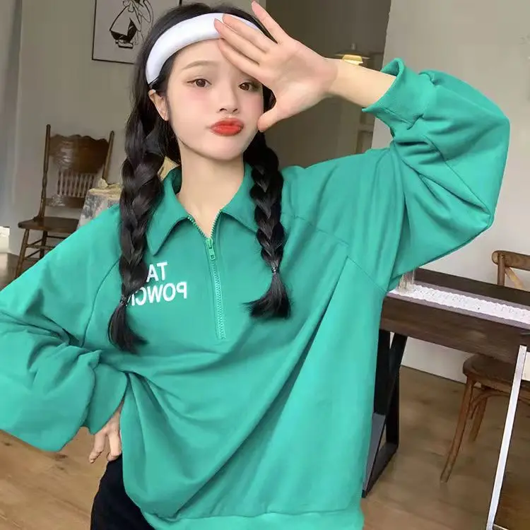 

Autumn Thin Korean Hooded Sun Sweatshirt 2021 Female New Long Sleeve Polo Collar Print Girl Student Sweatshirt Zipper Sudaderas
