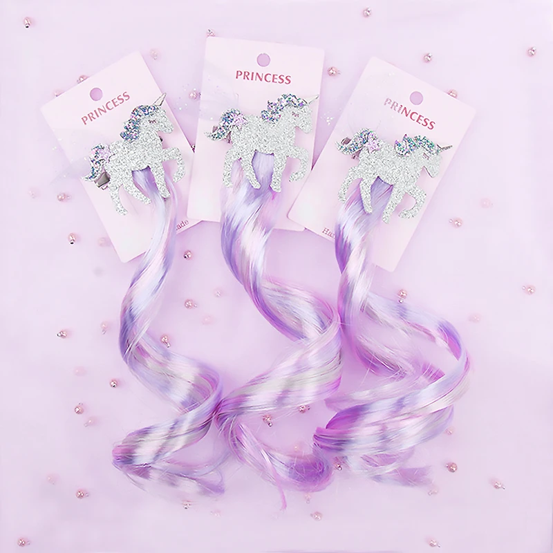 Милые заколки для волос с единорогом блестящий длинный парик лошадью банты