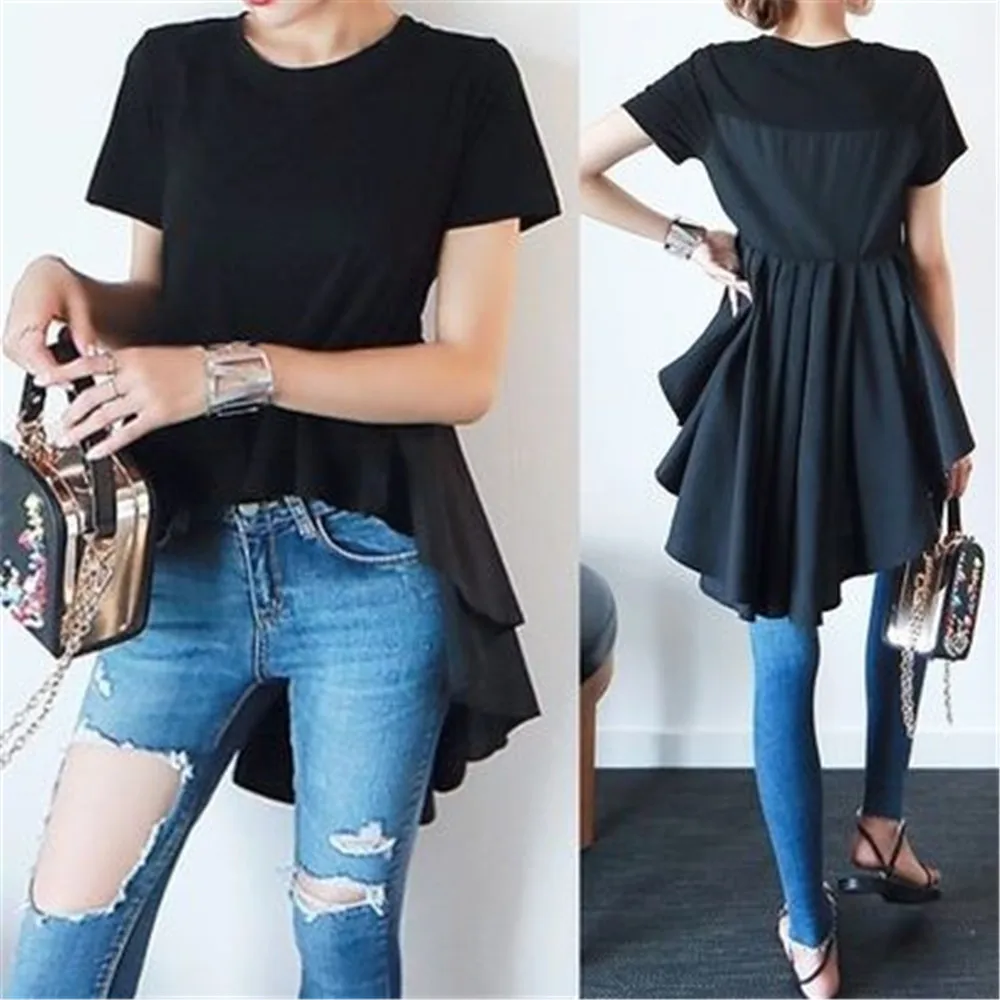 

Женская Асимметричная блузка, повседневная черная офисная рубашка с коротким рукавом и круглым вырезом, в японском и корейском стиле, лето ...