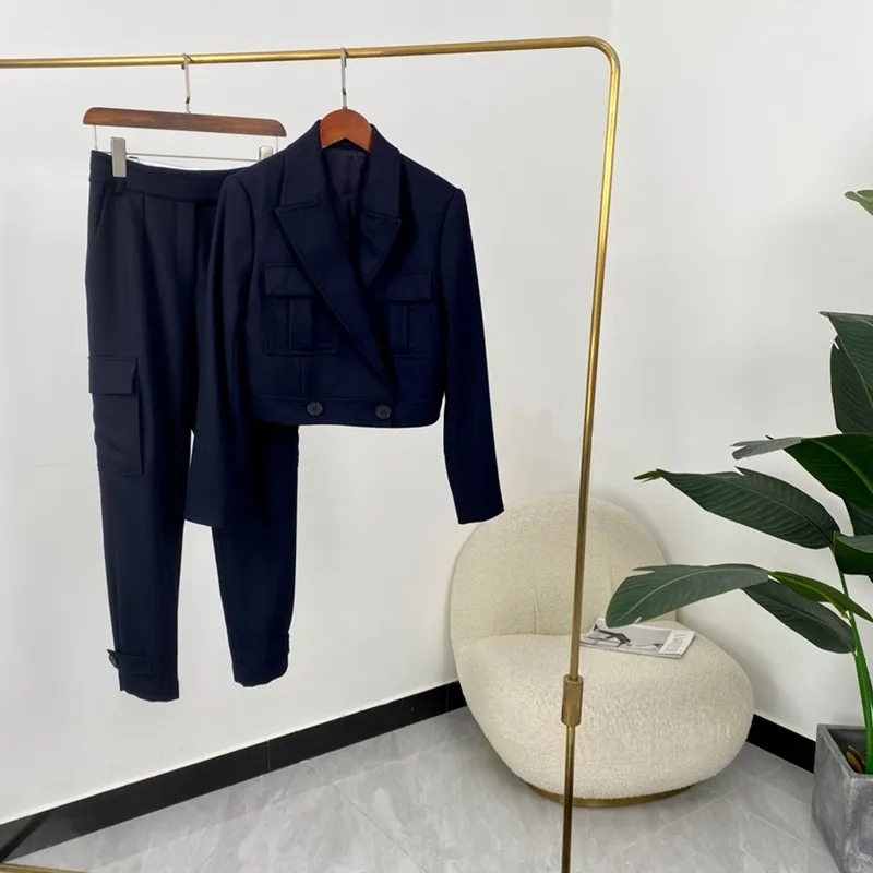 2021 New Autumn Women Fashion Casual Navy Blue Single Button Short Tops Cargo Pants Woolen Suit High Quality