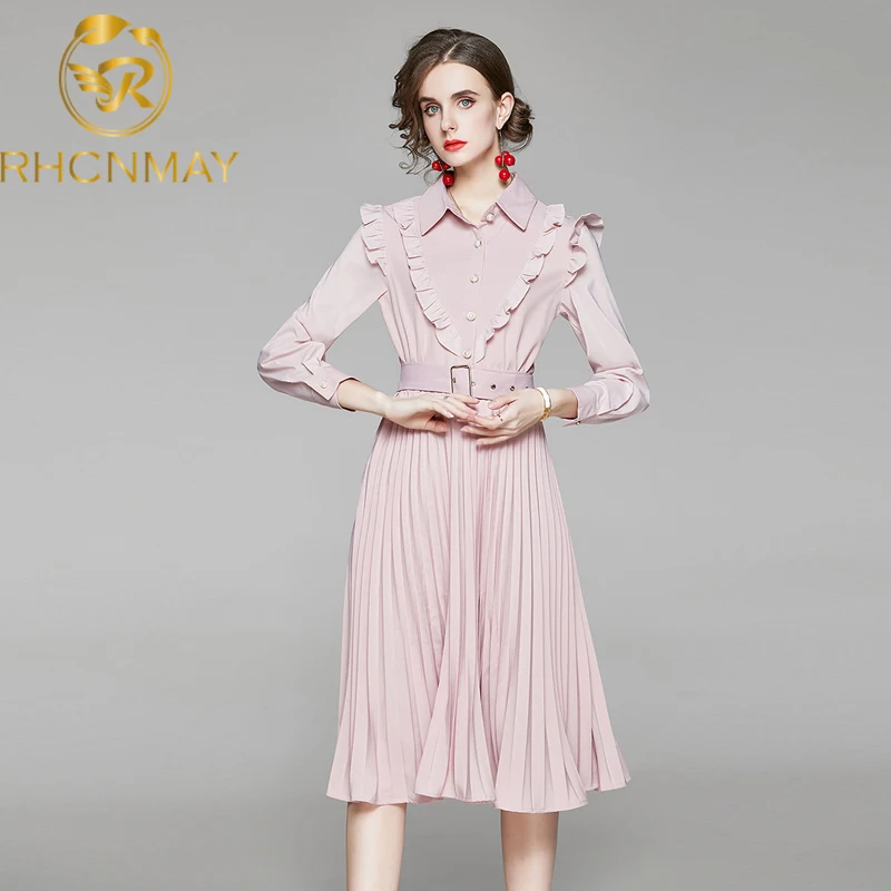 

2020 New Spring Autumn Women Dress High Quality Fashion Pleated Hem Pink Dress Trimmed With Agaric Laces Send The Belt