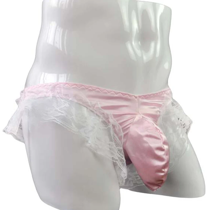 Frilly Lace Sissy Pouch Panties Men Sexy Thong Underwear Bulge Low rise Long Penis Sheath Jockstrap gay