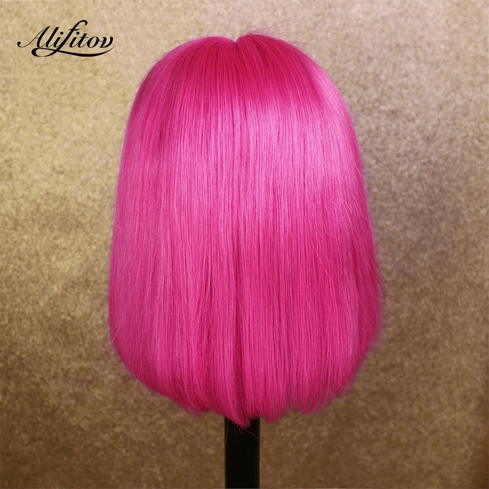 

ALIFITOV Short Bob Wigs With Bangs Preplucked Glueless Half Pink Half Blonde Ombre Lace Front Human Hair Wigs For Black Women
