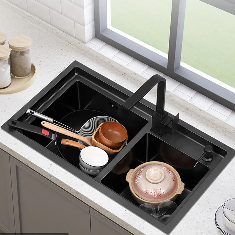 Black thickened 304 stainless steel vegetable sink stainless steel manual sink step double sink under counter basin kitchen sink