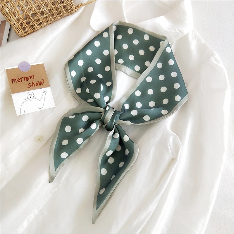 

2021 Elegant Dot Print Neck Scarf Small Scarves Vintage Skinny Immitation Silk Collar Scarf Handle Bag Ribbons Women Hair Band