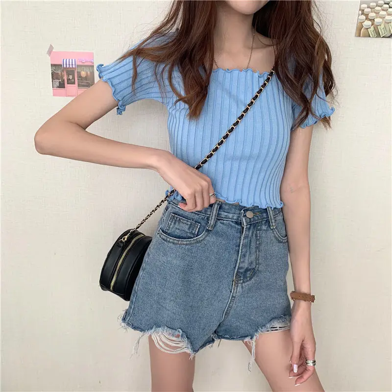 

Women's vertical stripe short sleeve ear edge top