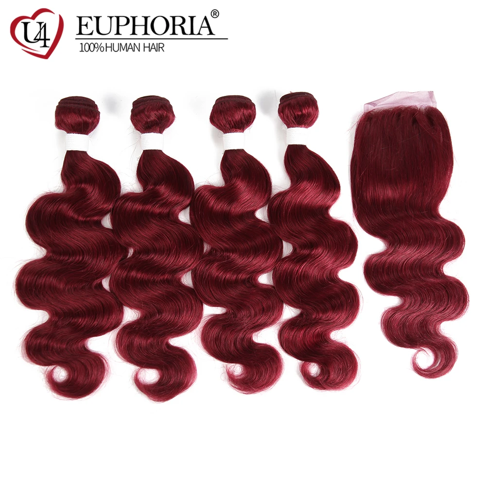 Объемные волнистые волосы 3 пряди с закрытием 27 30 33 Бург 99J цвет бразильские Remy