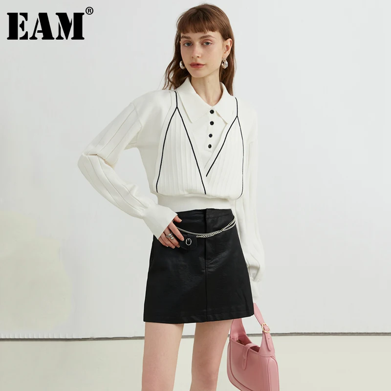 

[EAM] Белый вязанный короткий свитер свободного покроя с отворотом и длинным рукавом, женские пуловеры, новая мода осень-зима 2021 1DE2364