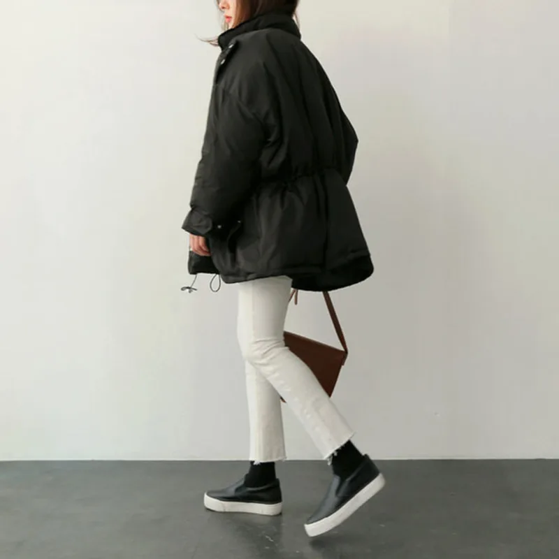 

Korea Women Winter Thick Solid Cotton Parka Drawstring Slim Waist Overcoat Oversize Coat Jacket Zipper Outerwear With Pocket
