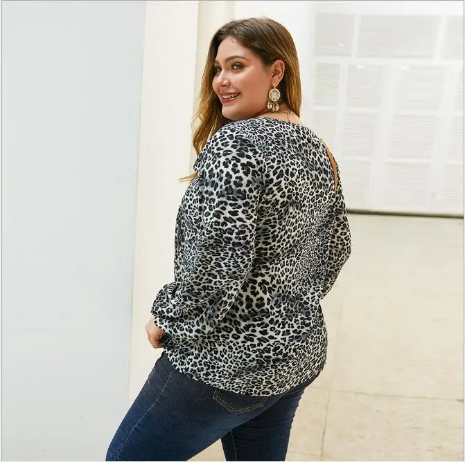 Женская блузка с поясом и леопардовым принтом Длинная размера плюс 3XL 4XL длинными