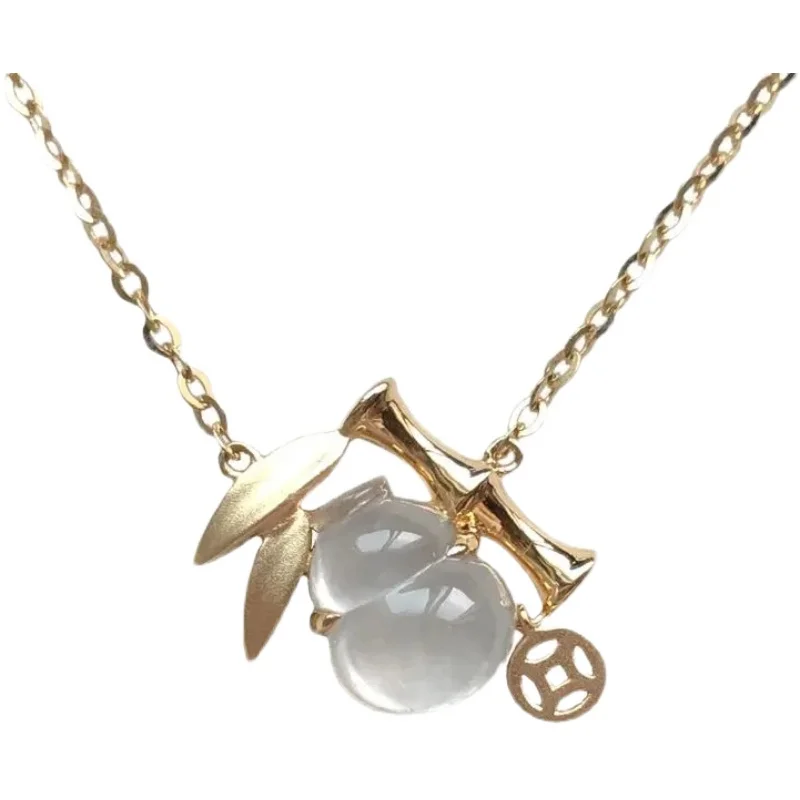 

2021 New European and American Simple National Style Pendant White Ice Chalcedony Gourd Necklace S925 Sterling Silver Inlaid