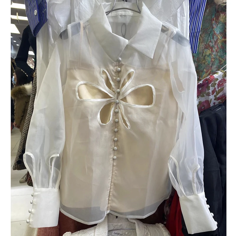 

MENKAY 2020 Women Hollow Out White Organza Blouse Long Sleeve Autumn Shirts Turn-down Collar Two-piece sling
