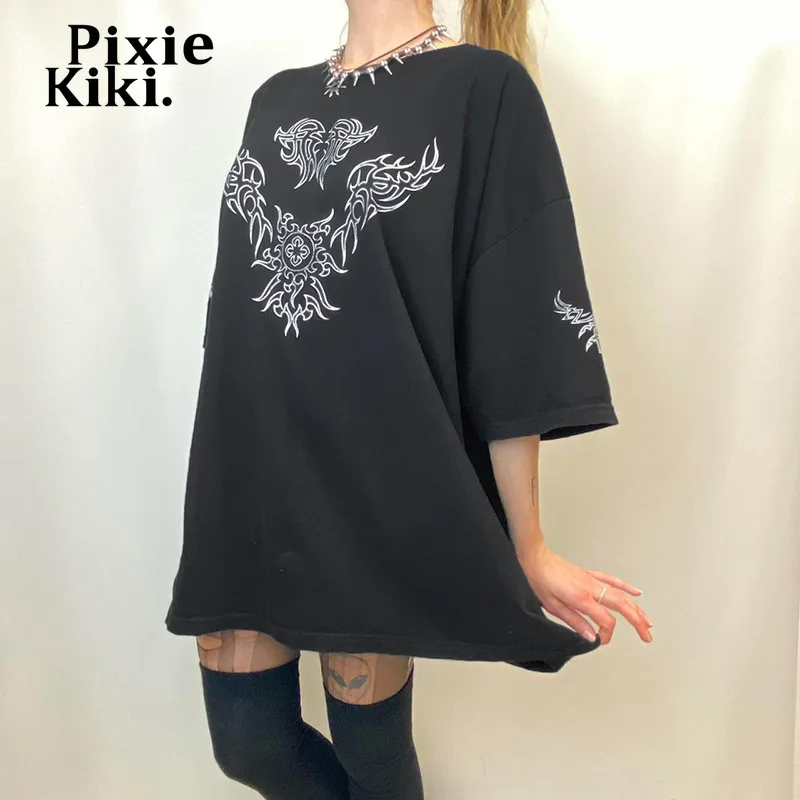 PixieKiki Black Top Streetwear Womens Fashion Clothing Trends E Girl Aesthetic Oversized T Shirt Cyber Y2k Graphic Tees P67-BH22 | Женская