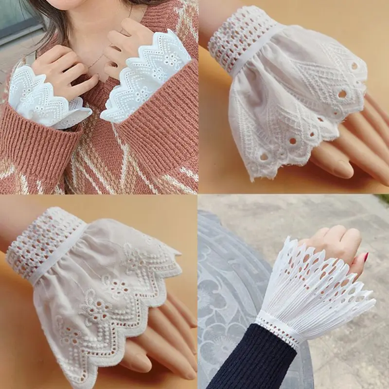 

Womens Pleated Ruffles Horn Cuffs Hollow Out Embroidery Floral Lace Fake Sleeves