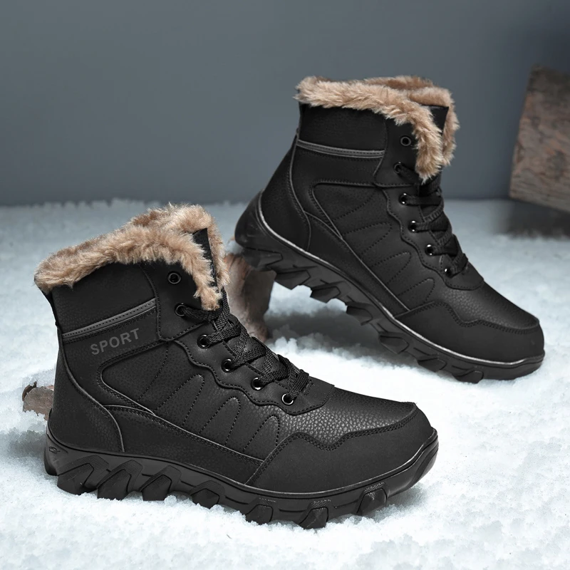 

Winter Men High-Top Outdoor Mountain Leather Hiking Boots Trekking Shoes Sneakers Tracking Plush Warm Shoes Snow Big Size