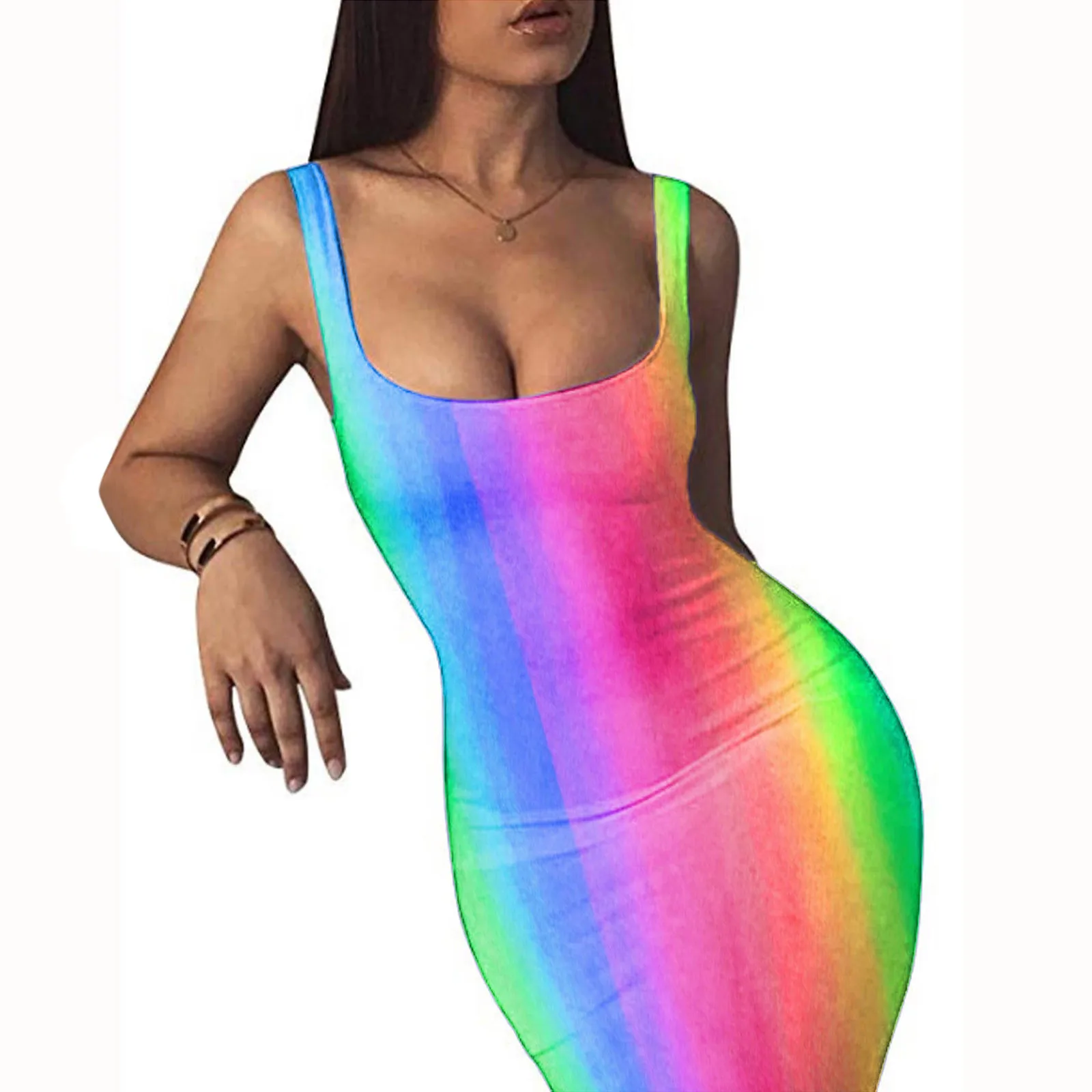 

40# Women Tie Dye Tank Dress Sleeveless Club Party Mini Dress Sexy Bodycon Low Cut Dress Women Wrap Hip Sheath Summer Dress 2021