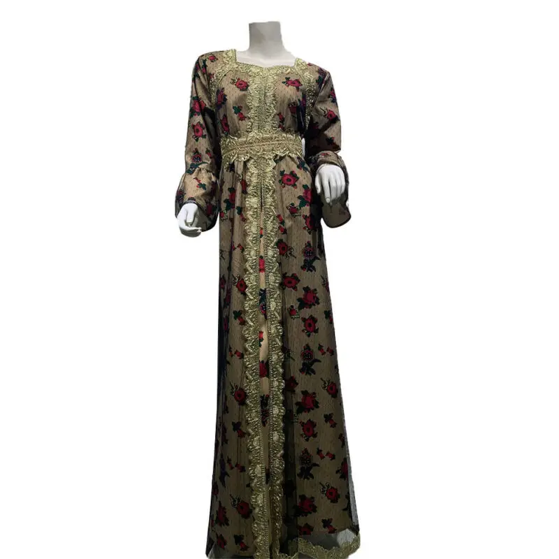 

Women Floral Abaya Dubai Kaftan Muslim Maxi Dress Long Sleeve Lace Arabic Robe