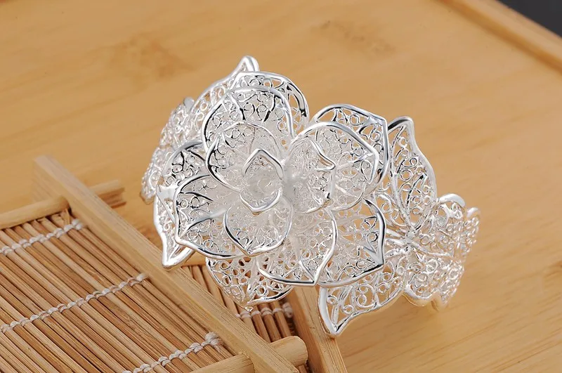 

Горячая 925 стерлингового серебра ювелирные украшения с большим цветком широкие браслеты на запястье для женщин Регулируемый модные вечерн...