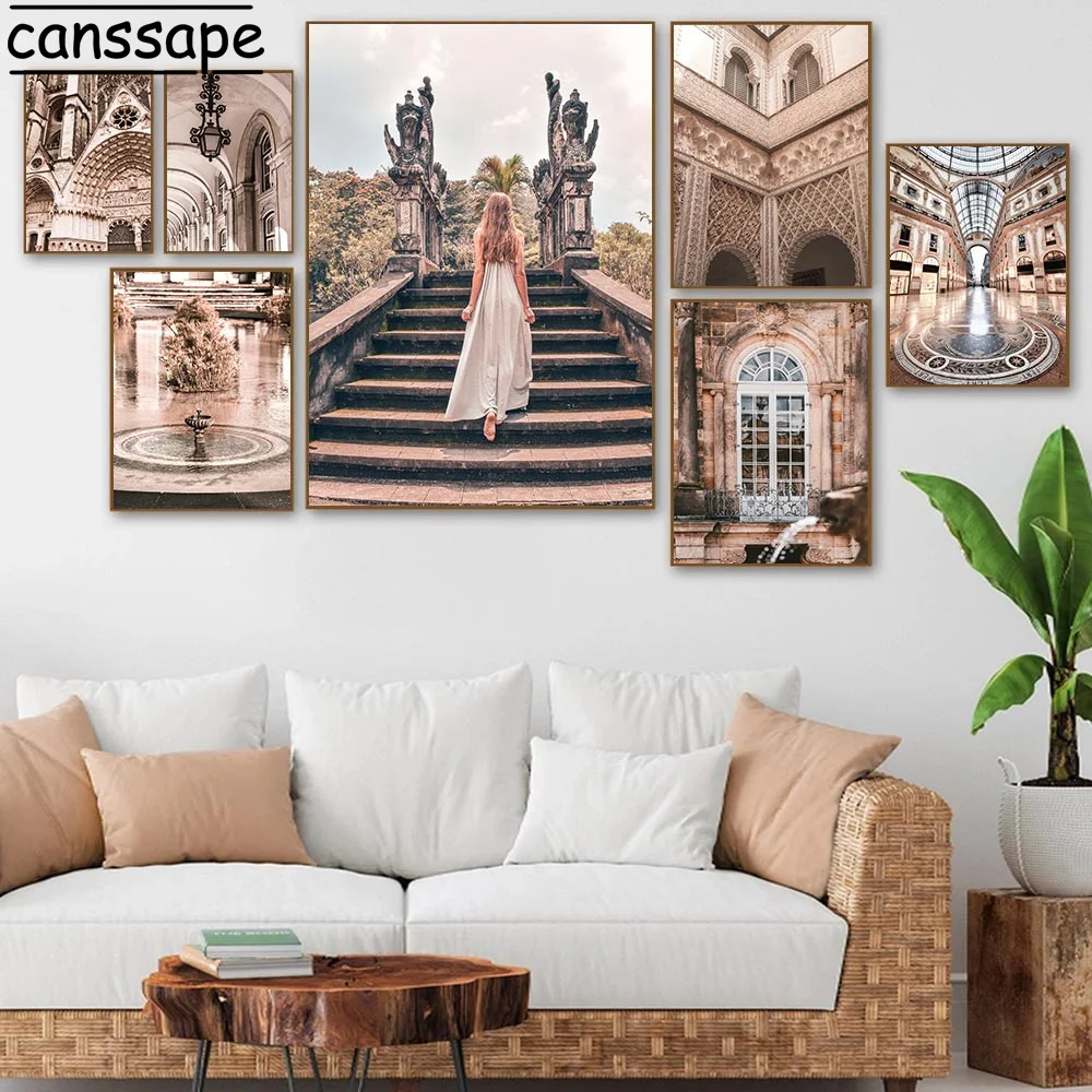 

European Architectural Landscape Wall Art Picture Retro Posters Elegant Woman Prints Nordic Canvas Painting Living Room Decor