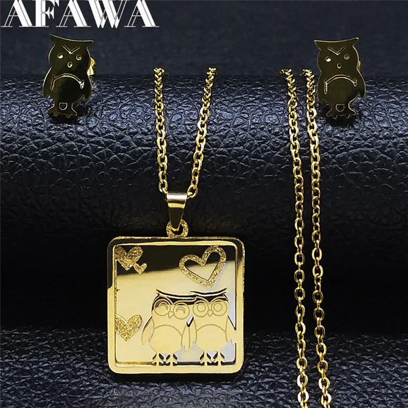 

Couple Owls Stainless Steel Necklace Earing Set Jewelry Geometry Set Gold Color Jewelry joyas acero inoxidable joyeria SXS01