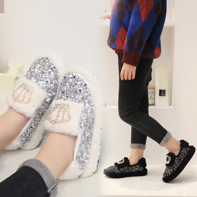 Детские блестящие тапочки зимние детские зимняя домашняя теплая обувь для