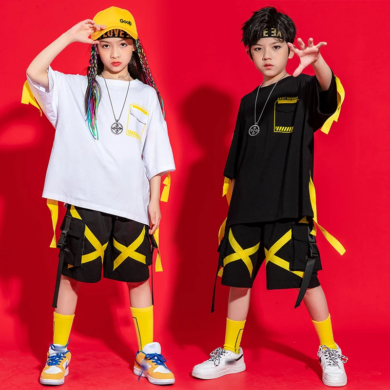 

Street Dance Clothing For Kids Hip Hop Costume Short Sleeve Tops Black Shorts Ribbons Jazz Performance Dance Costume Wear BL5941