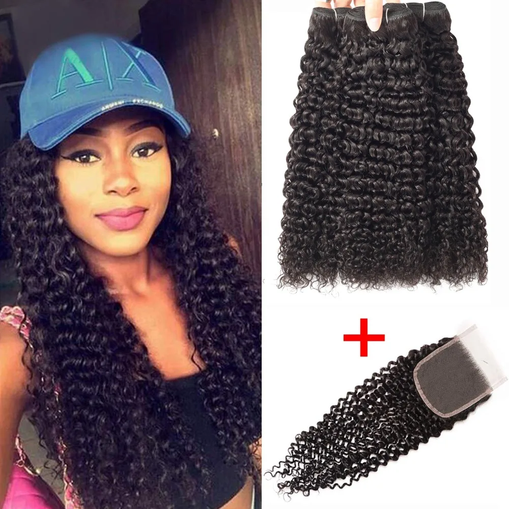 Афро кудрявые пряди с закрытием Remy бразильские человеческие волосы плетение |
