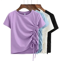 summer new female han edition cultivate ones morality show thin cotton short sleeve t shirt collar draw string short sleeved