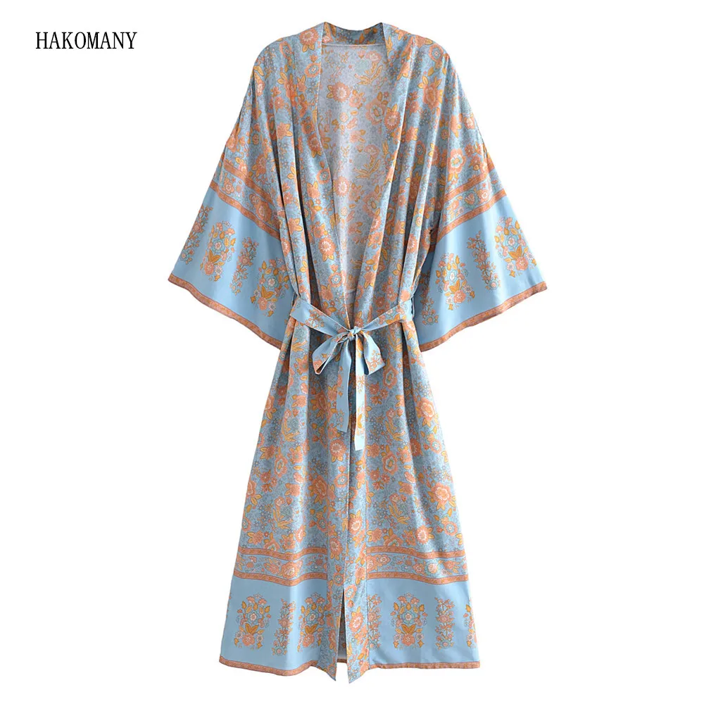 2021 Women blue orange Flower Print Kimono Cardigan BOHO Beach Tide Bow Sashes Maxi Long Shirt Blouse Holiday Tops | Женская одежда