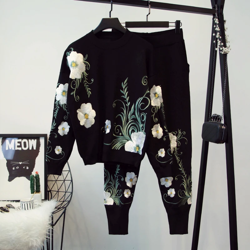 

Женский трикотажный спортивный костюм, зимний комплект из 2 предметов с вышивкой и эластичным поясом, пуловер