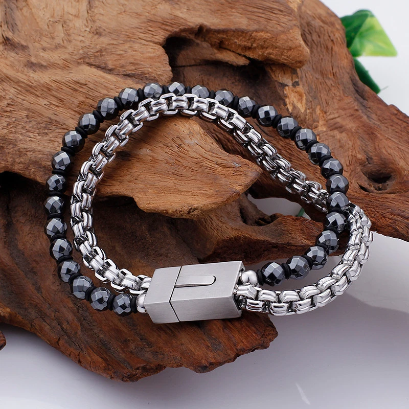 

Trendy Stainless Steel Chain Link Bracelets For Men Stone Beads Strand Bracelets Male Casual Party Bracelets Jewelry Gifts