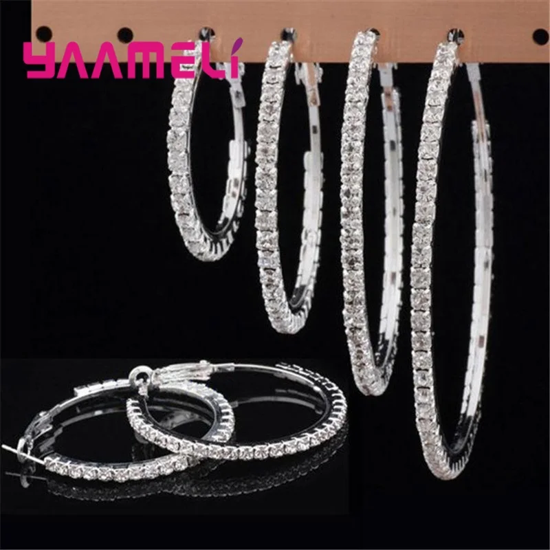 

4pair Mix Fashion Women Hoop Earrings 925 Sterling Silver Austrian Crystal Cubic Zircon Circle Ear Brinco Pendientes 30-80mm