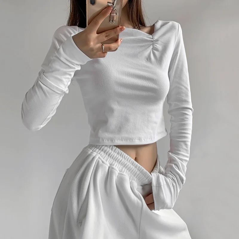 

Women Asymmetric Neck Ultra Long Sleeve Crop Top With Ruched Detail A949
