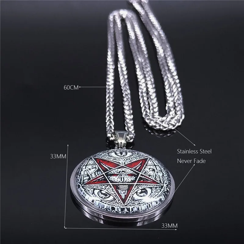 

Satan's Head Inverted Pentagram Glass Stainless Steel Statement Necklace Men Silver Color Necklaces Jewelry gargantilla N5163S03