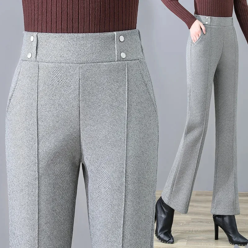 

New spring Autumn High-Waisted Woolen Flared Pants Women's Drape Casual Trousers Plus Velvet Warm Winter Pants Pantalones Mujer