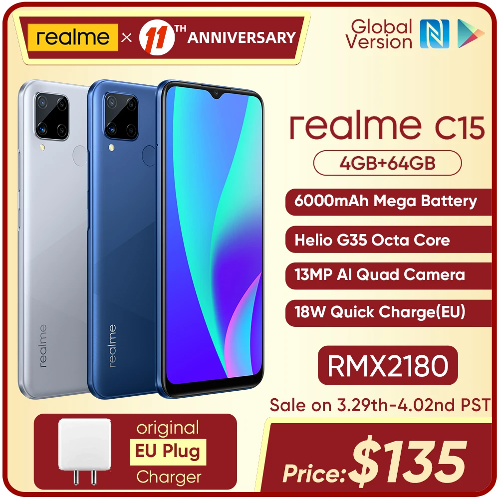 Перейти на Алиэкспресс и купить Realme C15 глобальная версия смартфон 4 Гб Оперативная память 64 Гб Встроенная память 6000 мА/ч, большая Батарея Quick Charge мобильный телефон 6,5 дюймов ...