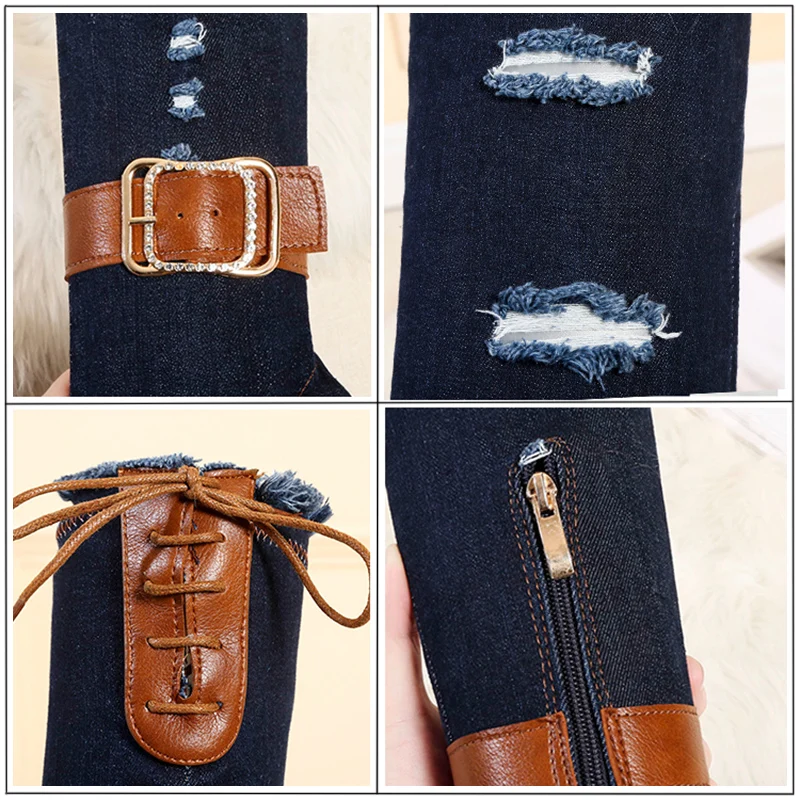 

Sexy Women Slim Thigh High Denim Boots Autumn 2020 Chunky High Heels Shoes Woman Casula Cowboy Over The Knee Botas Mujer