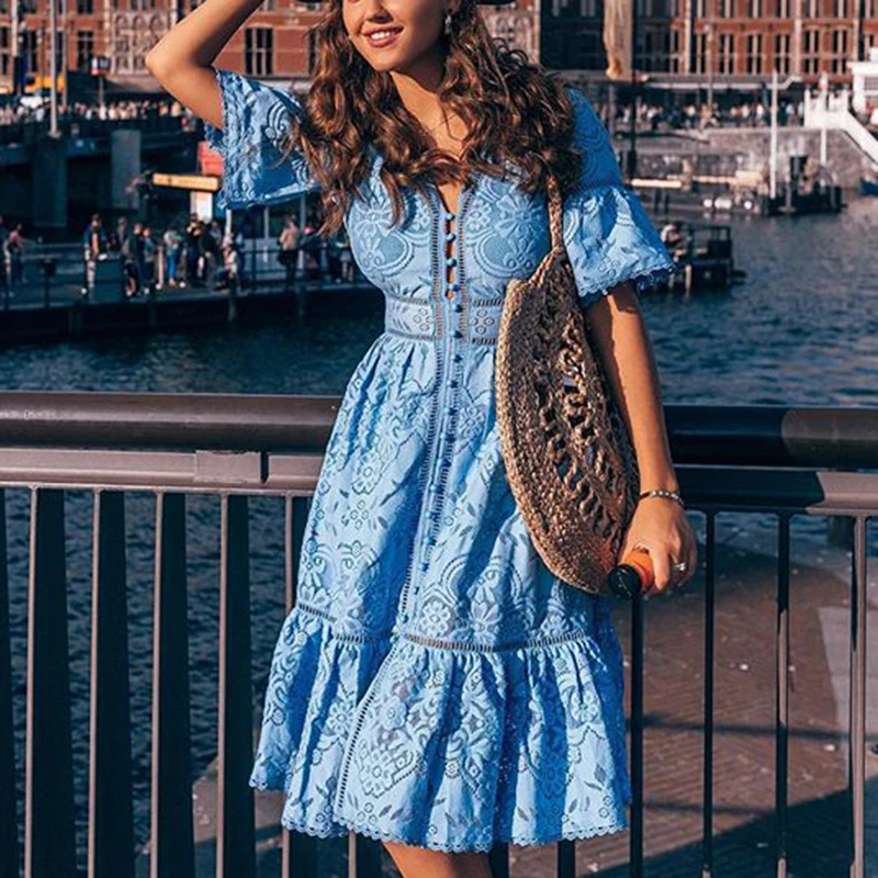 

Patchwork Lace Casual Plus Size Dresses Female 2020 Summer New Hollow Out Women's Dress V Neck Short Sleeve High Waist