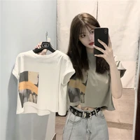 2021 summer new white short sleeve short style students korean loose belly button exposed womens top
